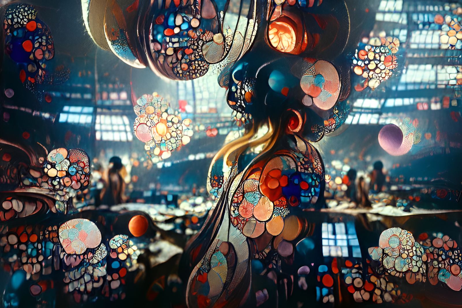 Psychedelic Muses in Mixed Media Linocut Style