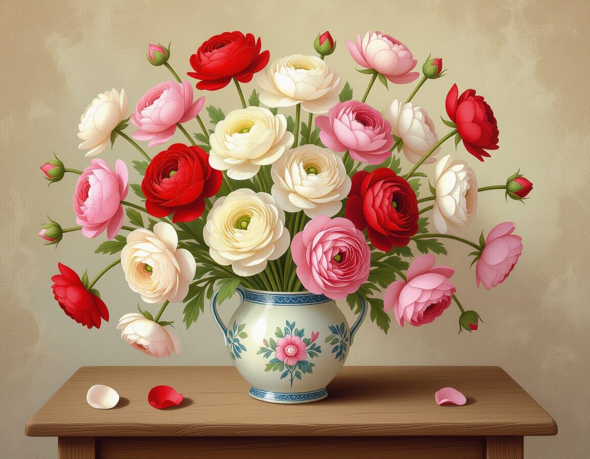 Ranunculus Bouquet in Storybook Illustration Style