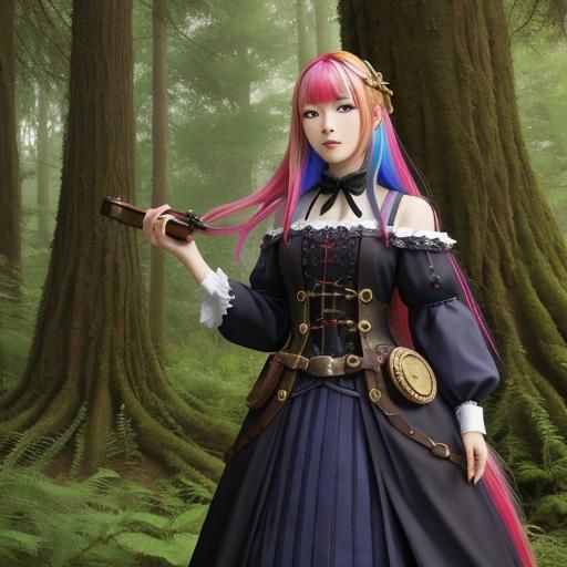 Steampunk girl in the woods