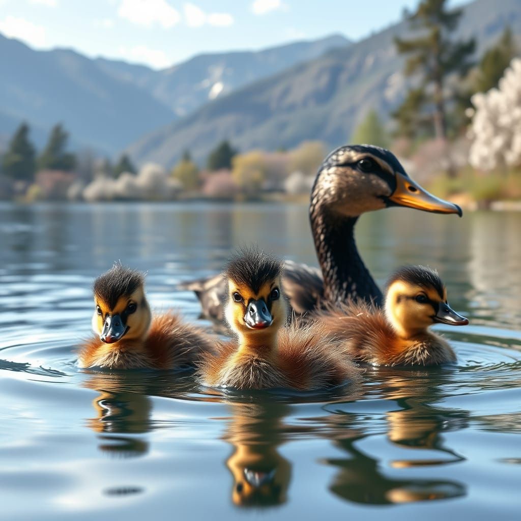 Ducklings Follow Mother Duck in a Mountain Lake