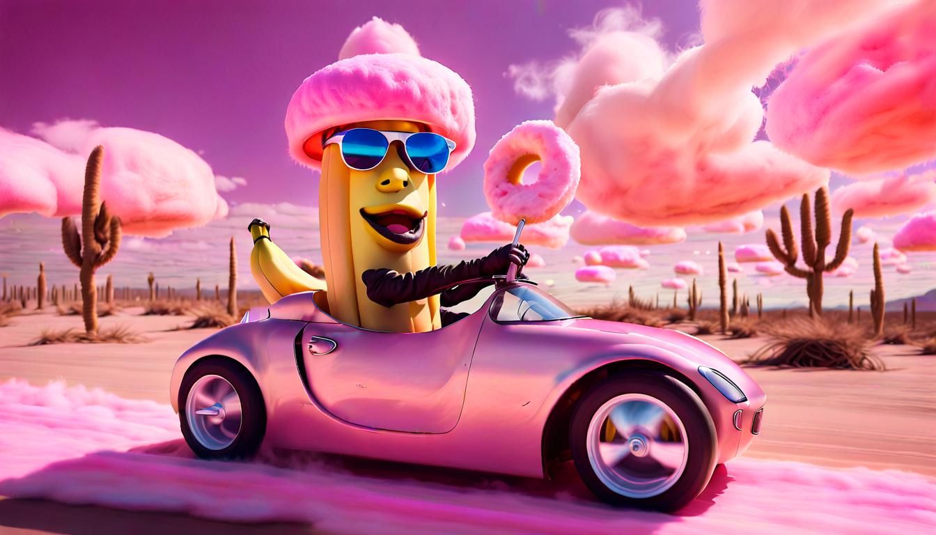 Banana Drives Candy Car: Surrealist Concept Art
