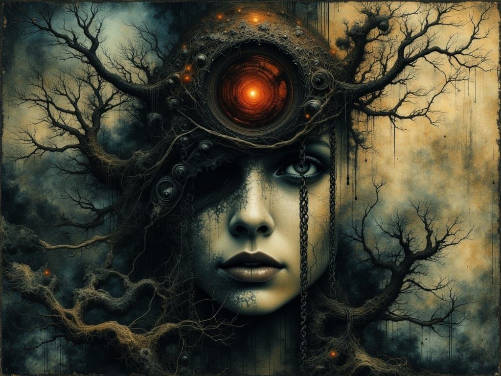 Gothic Woman Portrait in Surreal Forest Sunset