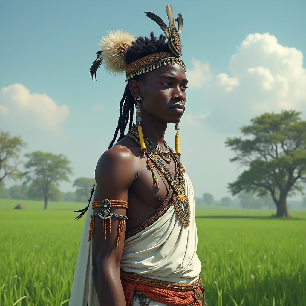 African Tribal Warrior in Serene Rural Landscape