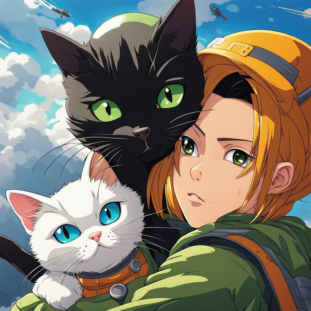 Android 17 Cat in Future Sky: Anime Style