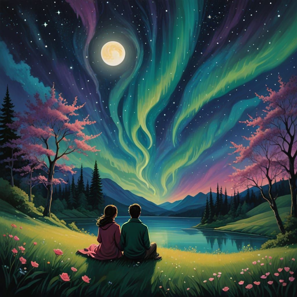 Whimsical Love Scene with Hearts, Moon, Sun, and Aurora Bore...