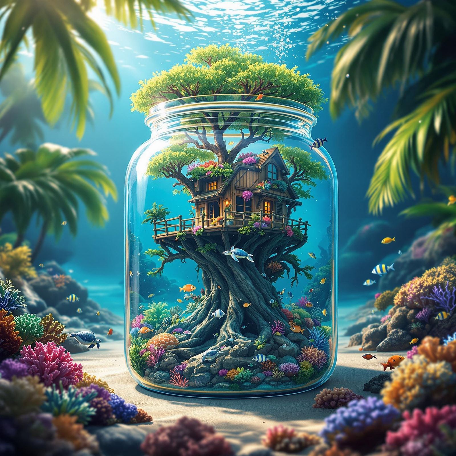 Surreal Tropical Treehouse in a Glass Jar on a Beach