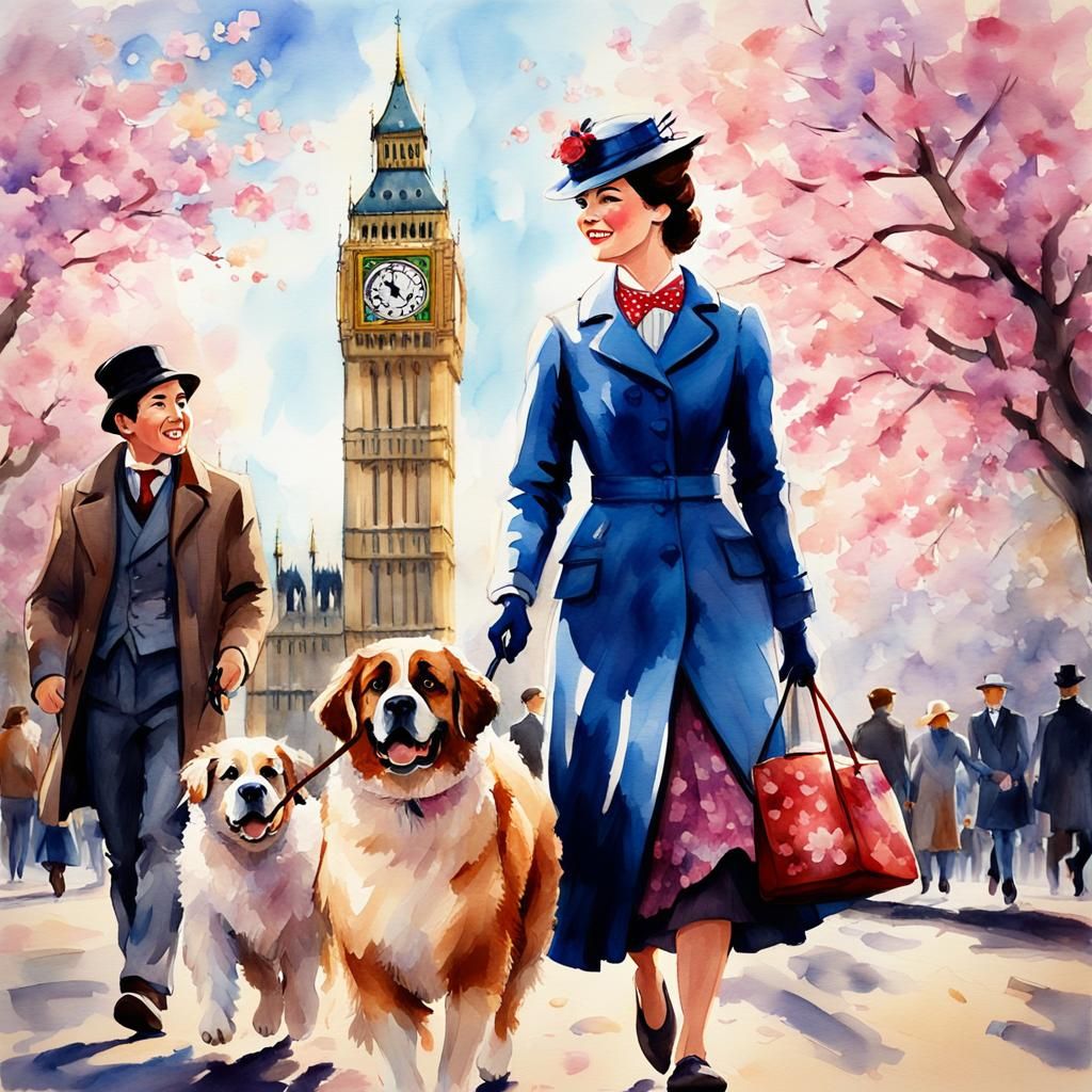 Mary Poppins Watercolor Portrait near Big Ben