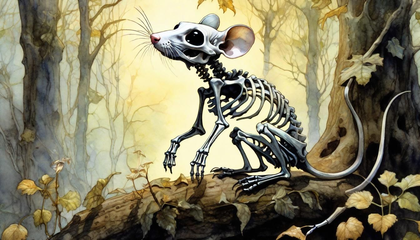 Fairycore Undead Rat Skeleton Watercolor Illustration