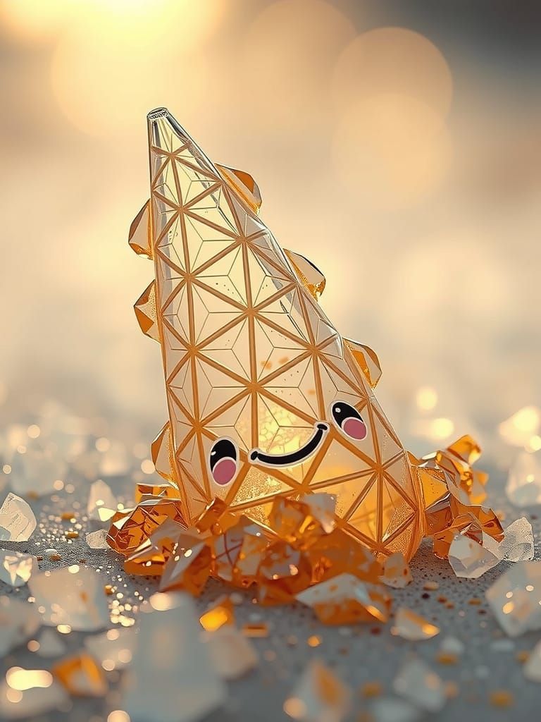 Crumbling Glass Cone with Golden Flakes and Printed Face