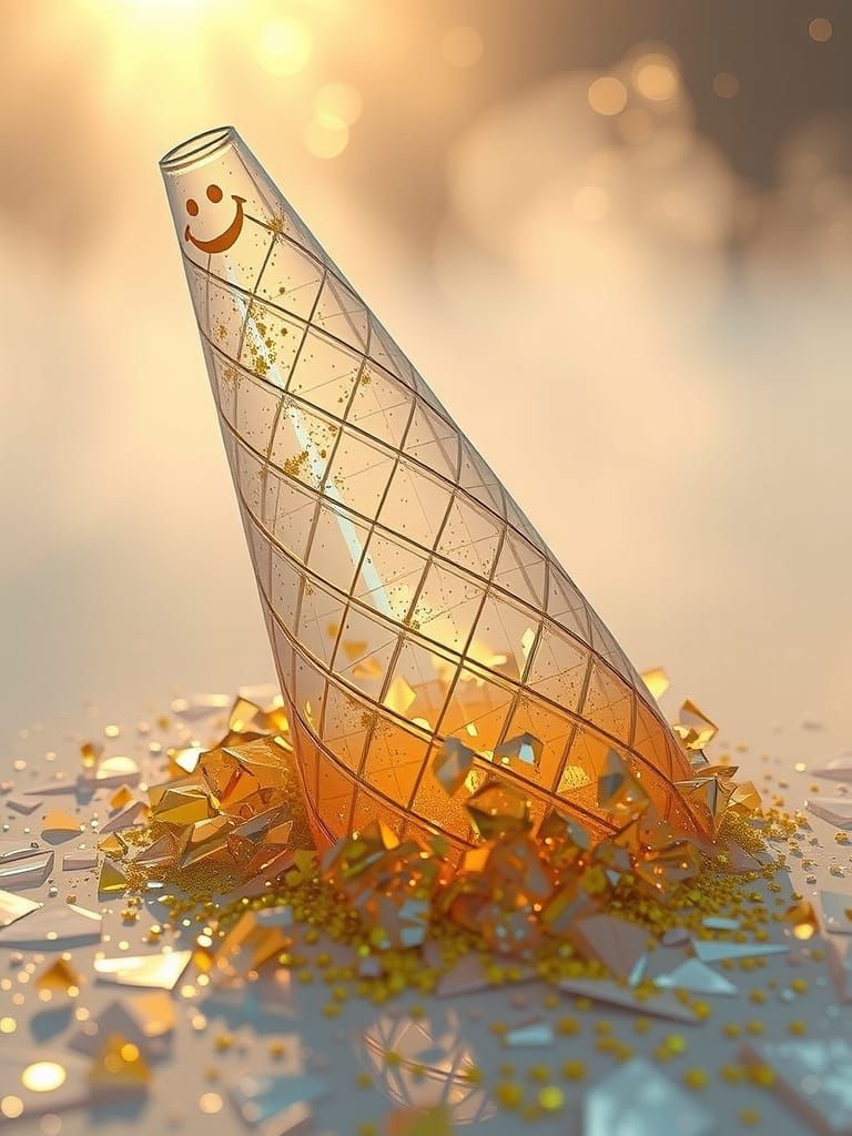 Crumbling Glass Cone with Gold Flakes in Golden Hour Glow