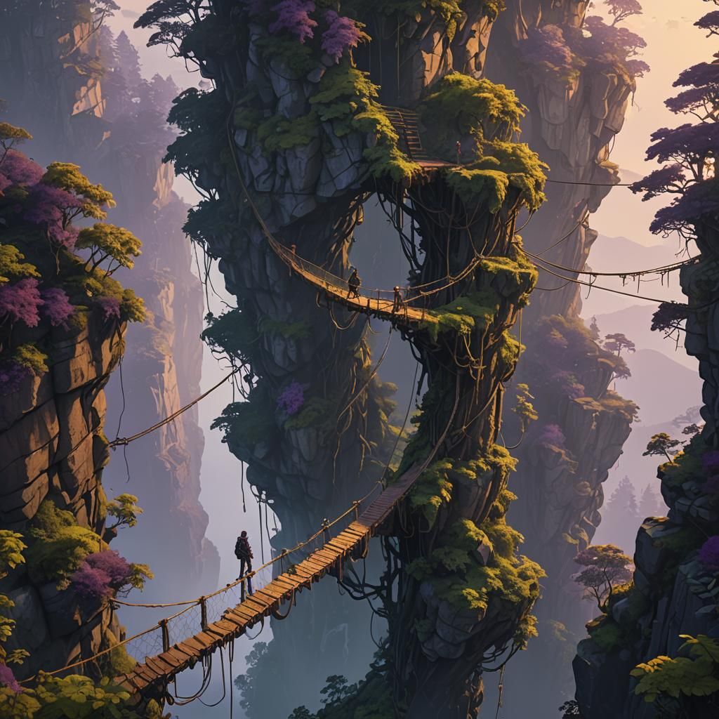 Precarious Rope Bridge Over Chasm, Fantasy Art