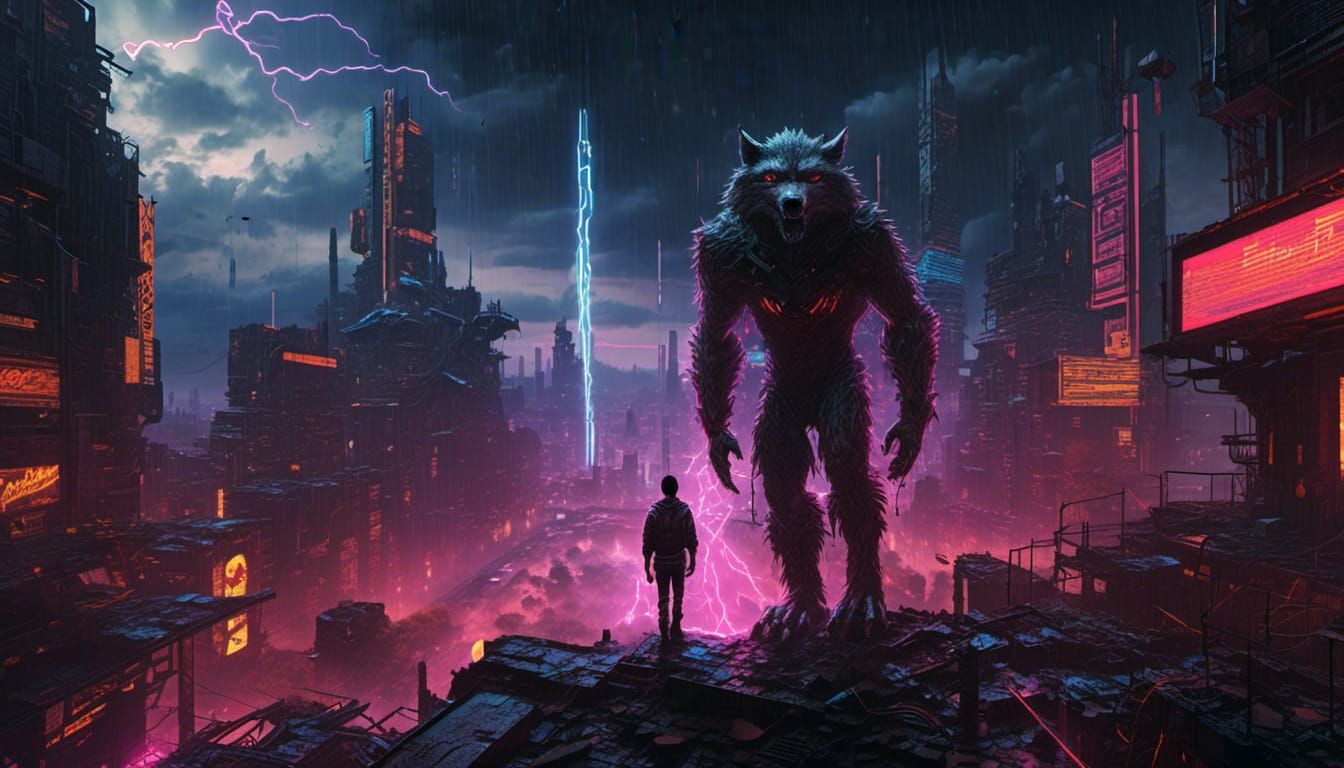 Sci-Fi Wolfman in Ruined Cityscape with Neon Colors
