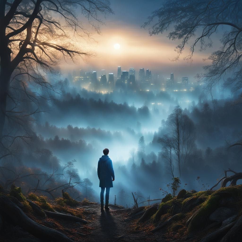 Hyperrealistic Cityscape in Misty Forest, HDR Photography