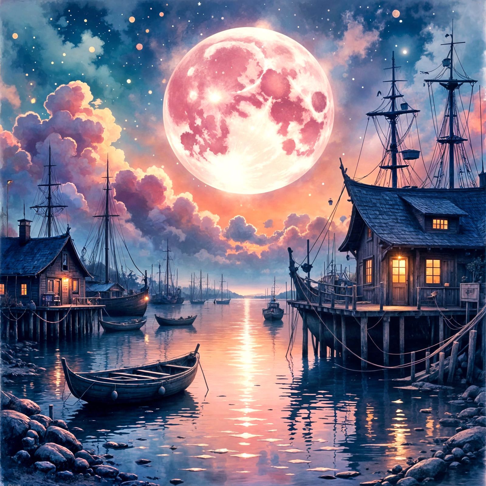 Serenity by the Full Moon in a Vibrant Watercolor Style
