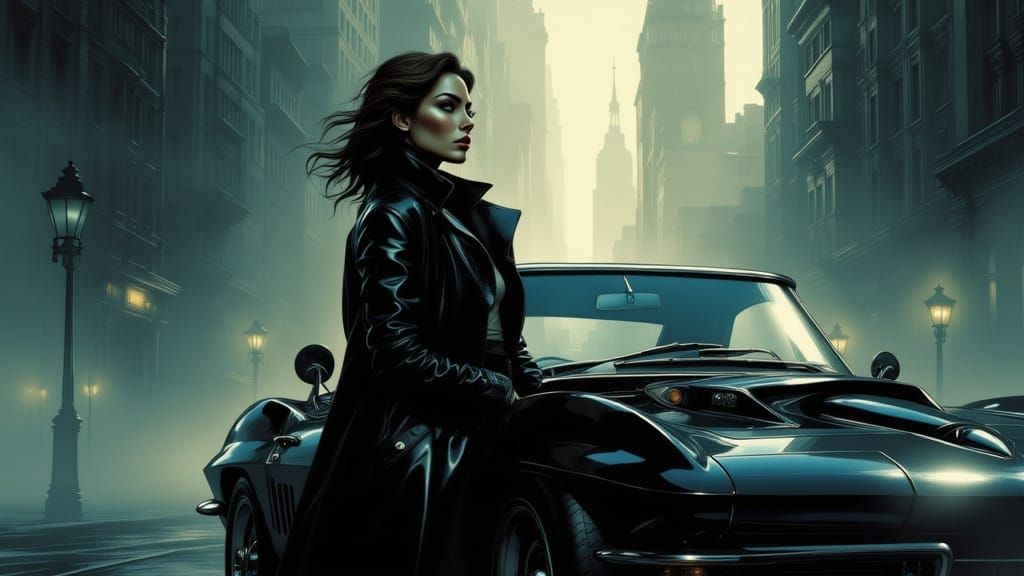 Noir Detective in Foggy Cityscape with Classic Car