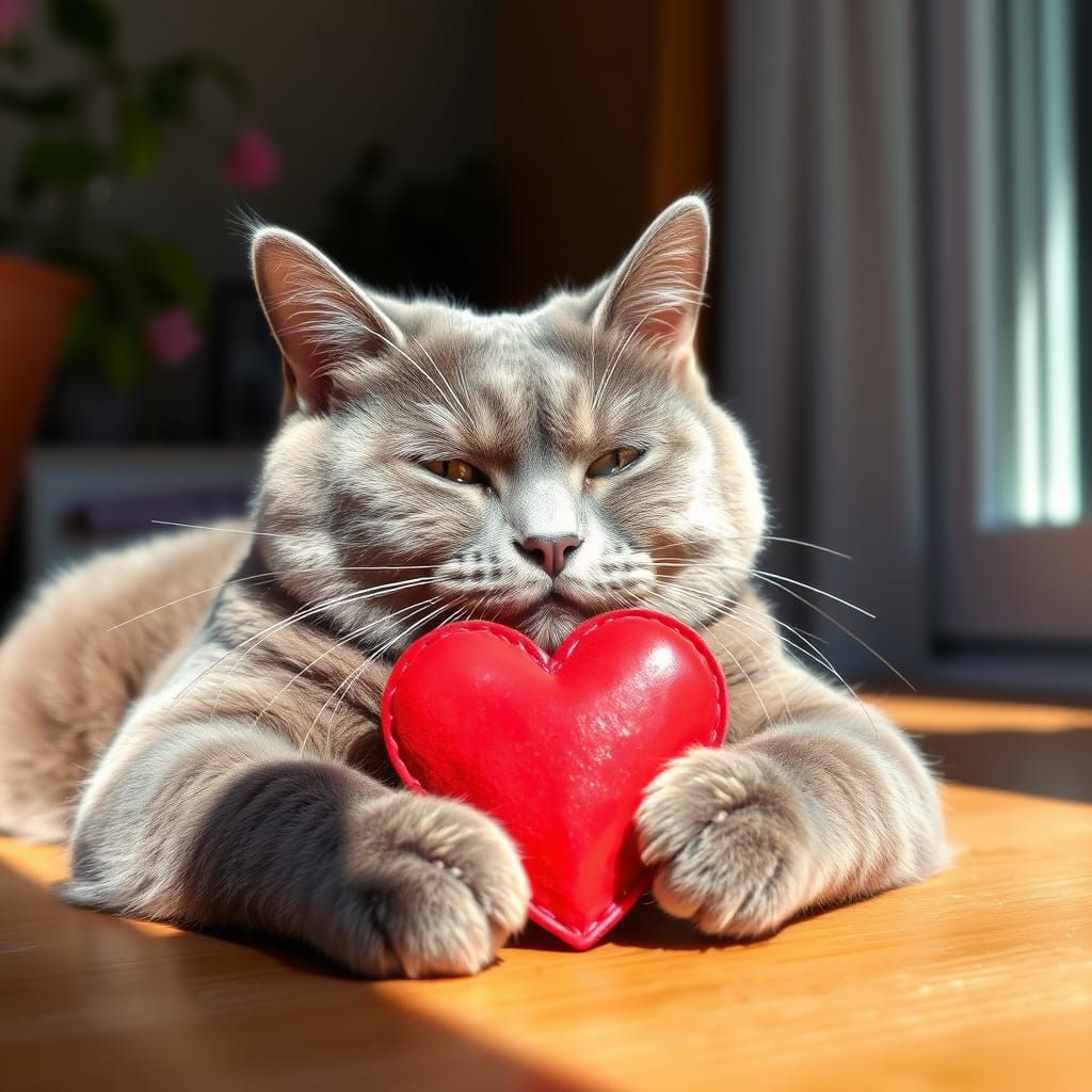 Blue Cat Adorns Valentine Heart in Warm Sunlight
