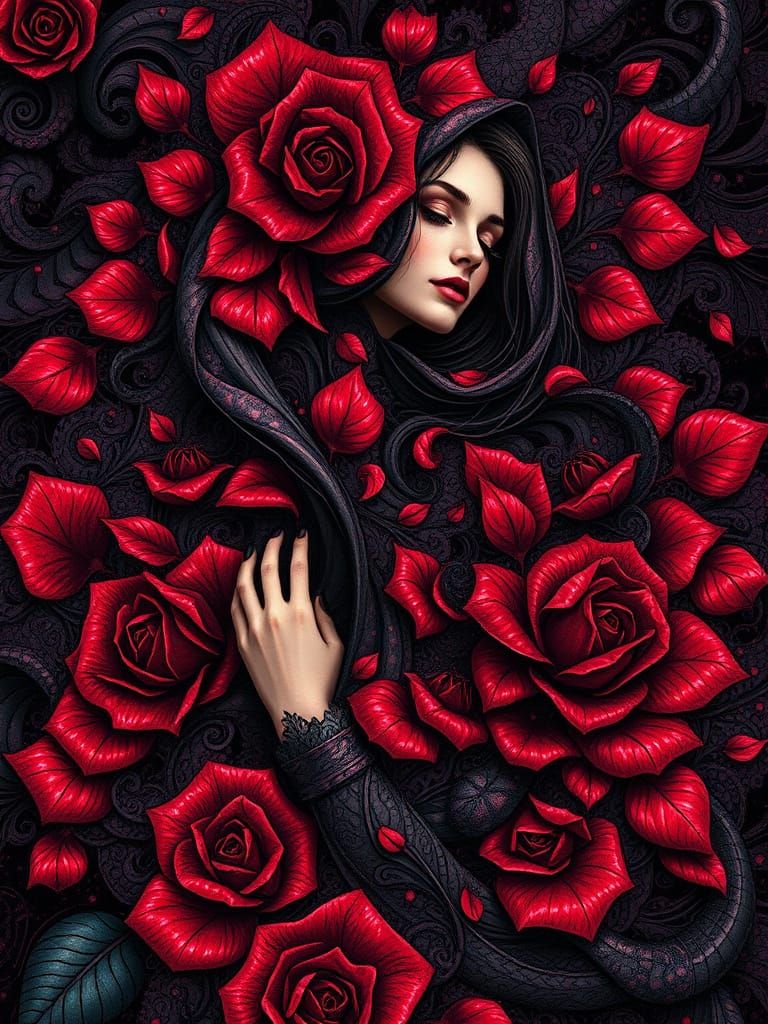 Rose Petal Woman in Fractal Zentangle Style