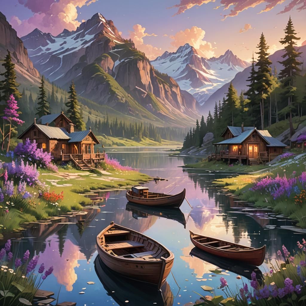 Valley Riverboat at Sunset: Detailed Matte Painting