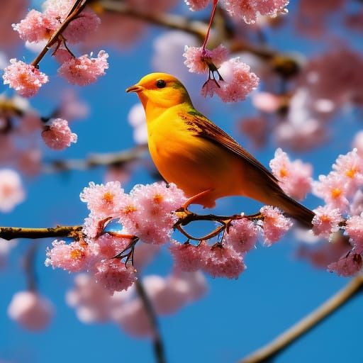 Glowing Cherry Blossom Bird in Hyperreal Style