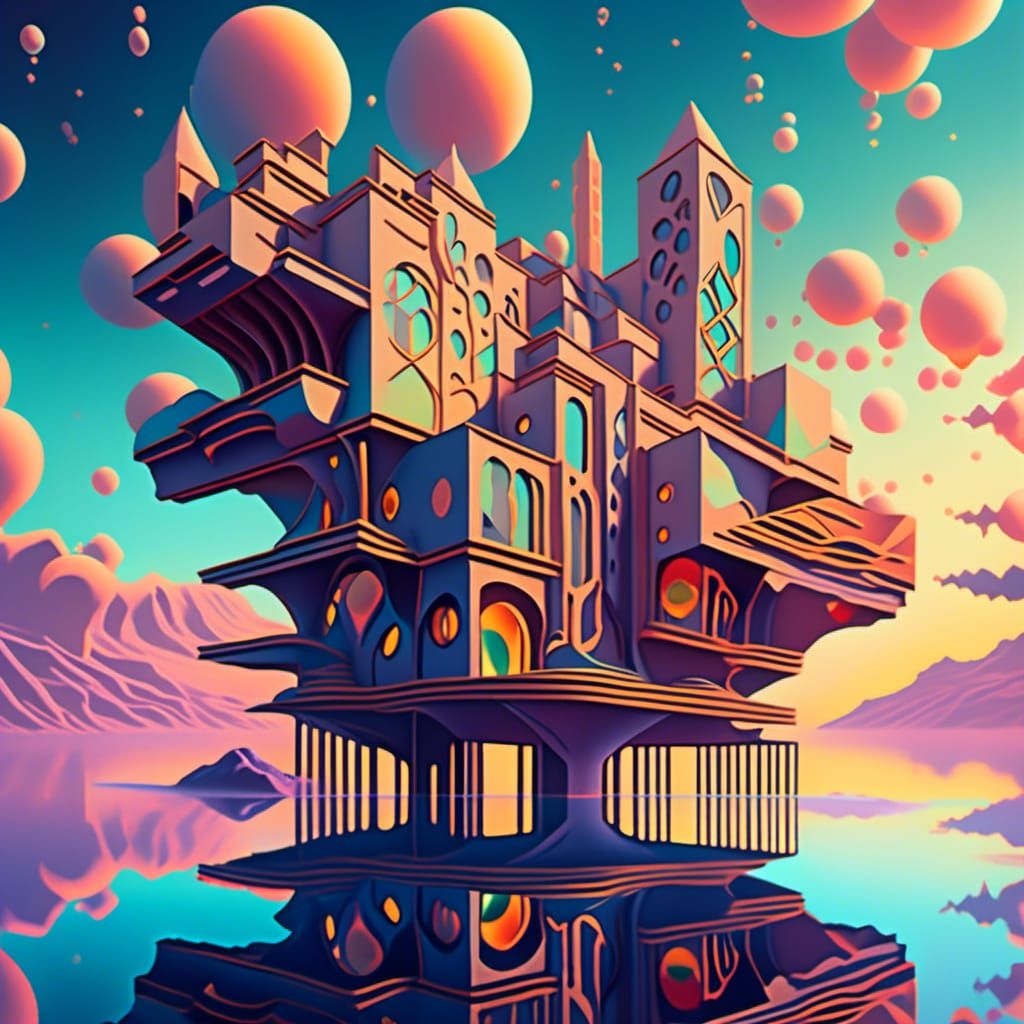 Surreal Architectural Concept Art with Holographic Forms