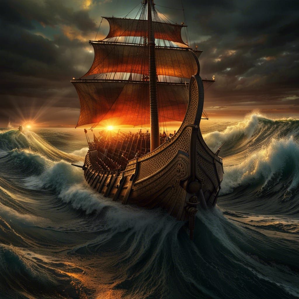 Viking Warships in Tumultuous Seas at Sunset