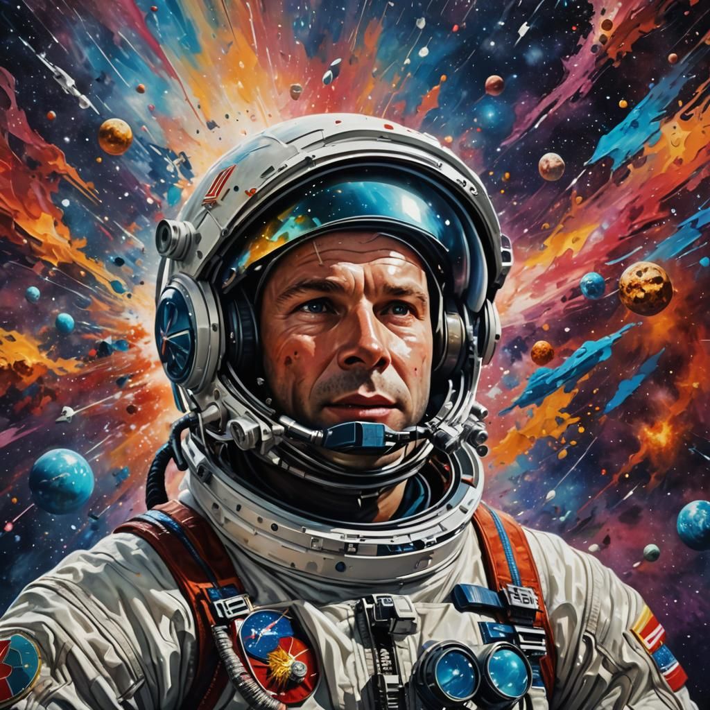 Yuri Gagarin in Space: Hyperrealistic Splash Art