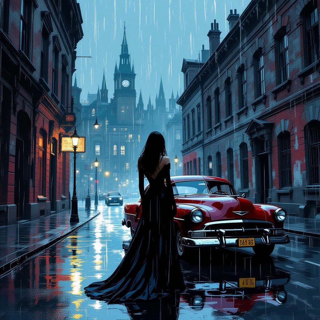 Tall Woman on Rainy Street, Gothic Urban Fantasy