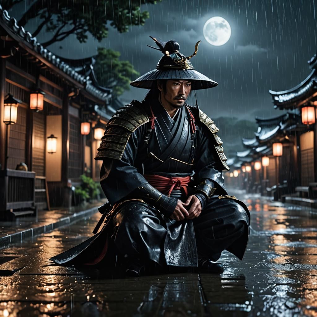 Lonely samurai under the rain