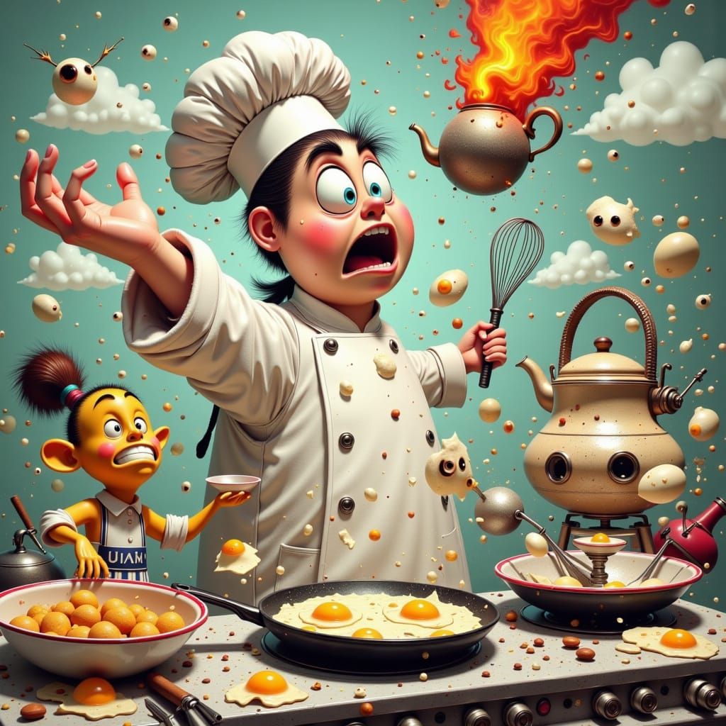 Chaotic Kitchen Scene with Furious Egg in Cartoon Style
