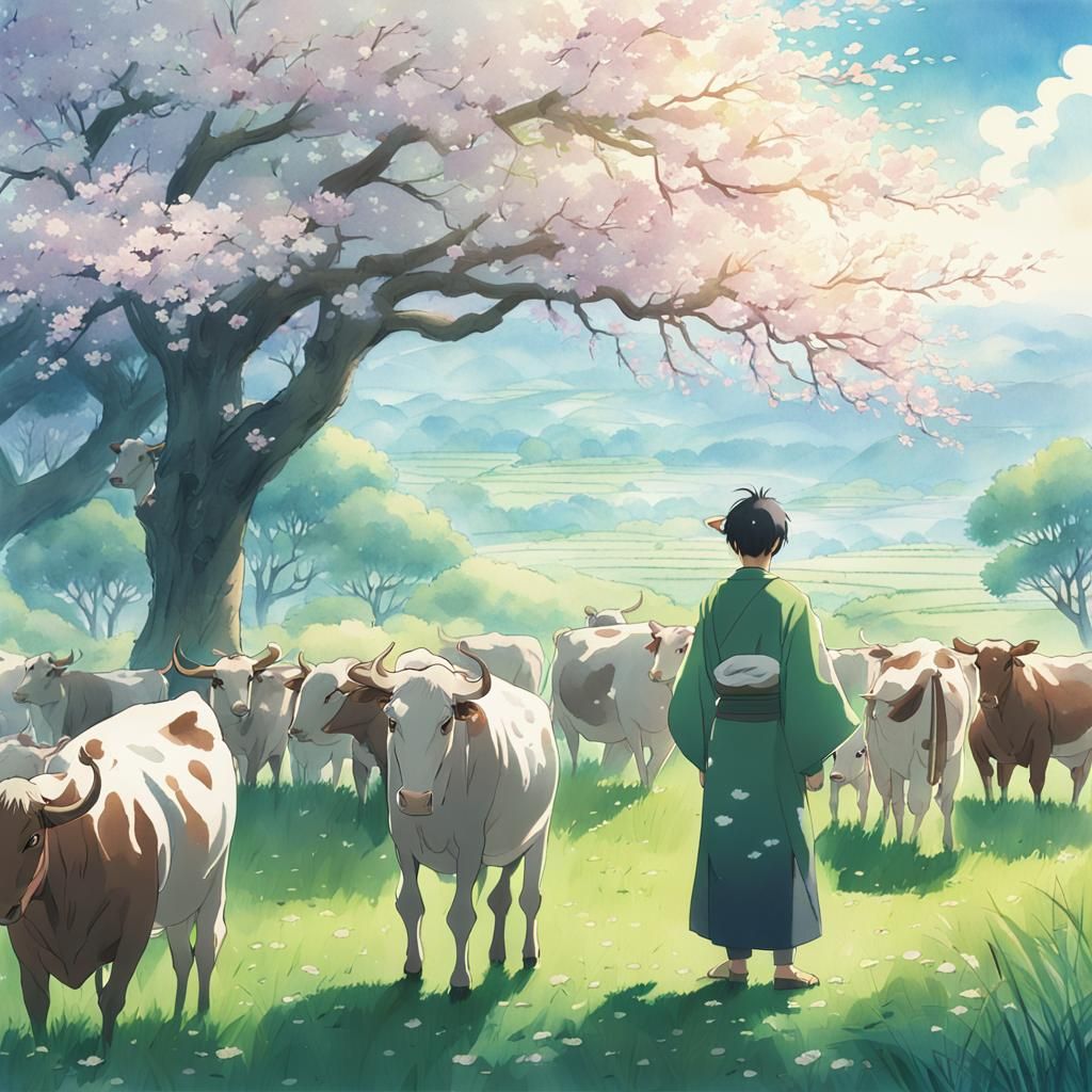 Oriental Farmer with Cows in Anime Key Visual Style