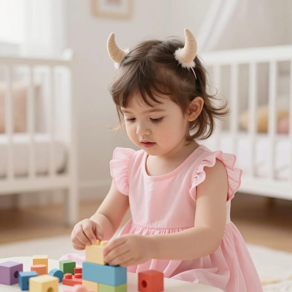 Adorable Toddler with Subtle Devilish Features Playing