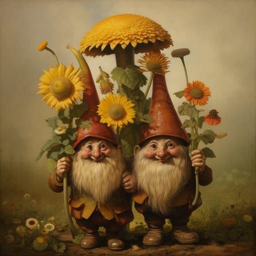 Gnomes Carry Giant Sunflower Through Mushroom Patch