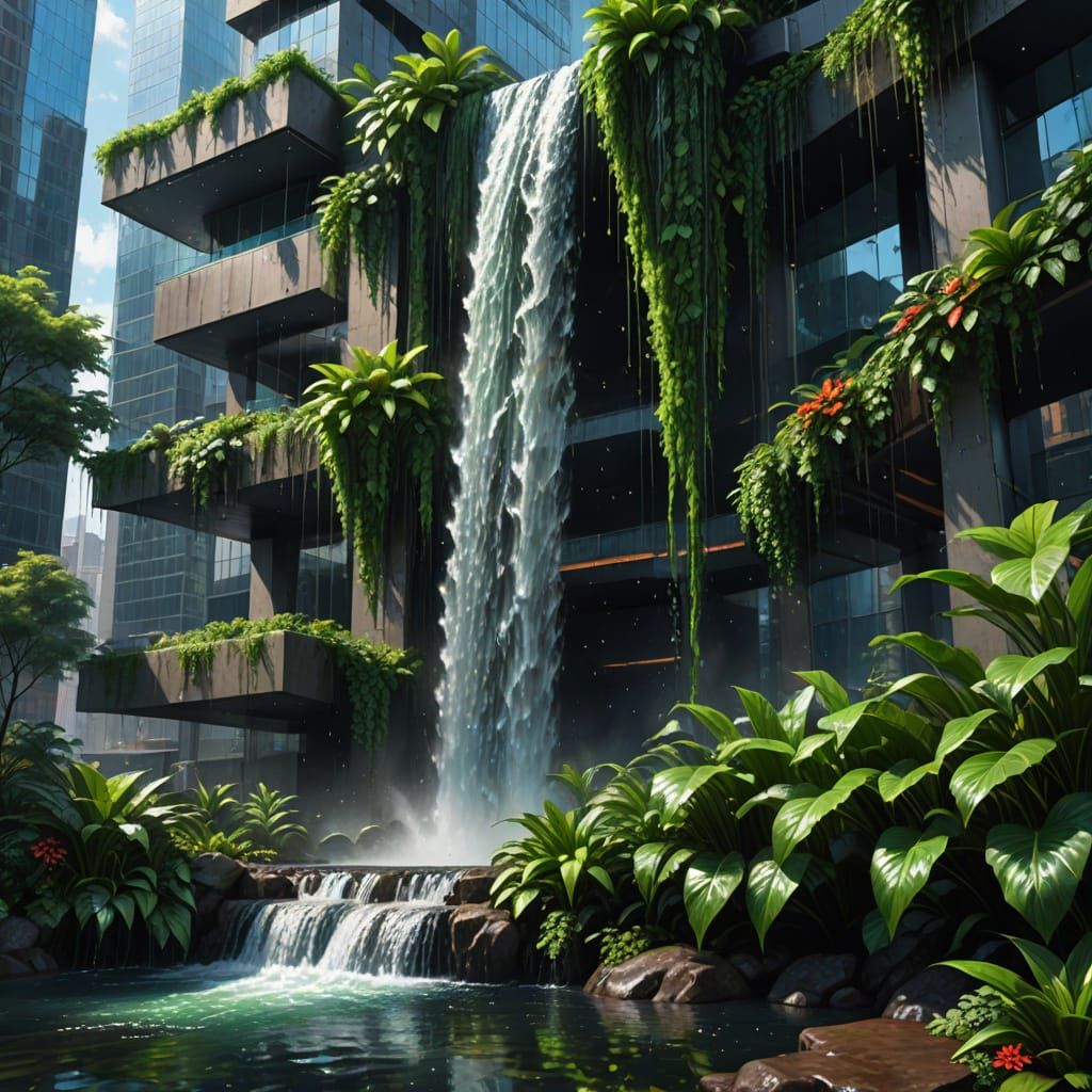 Waterfall Cascading Inside Skyscraper as Oil Painting