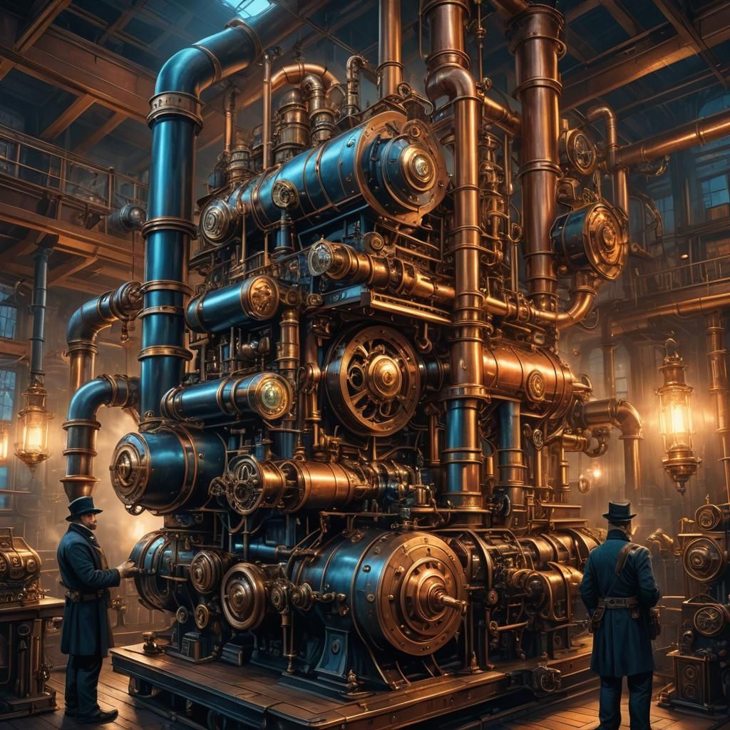 Steampunk Steam Engine Illustration in Victorian Factory