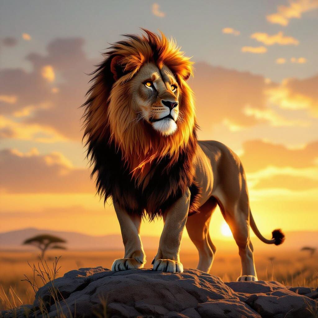 Fiery Lion Overlooking Savanna: Digital Painting