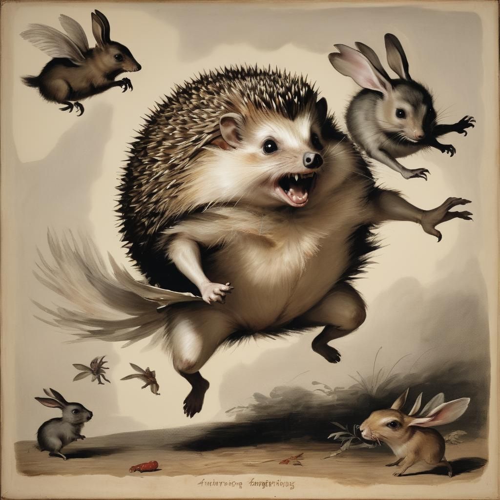 Hedgehog Captures Vampire Rabbit: Historical Painting