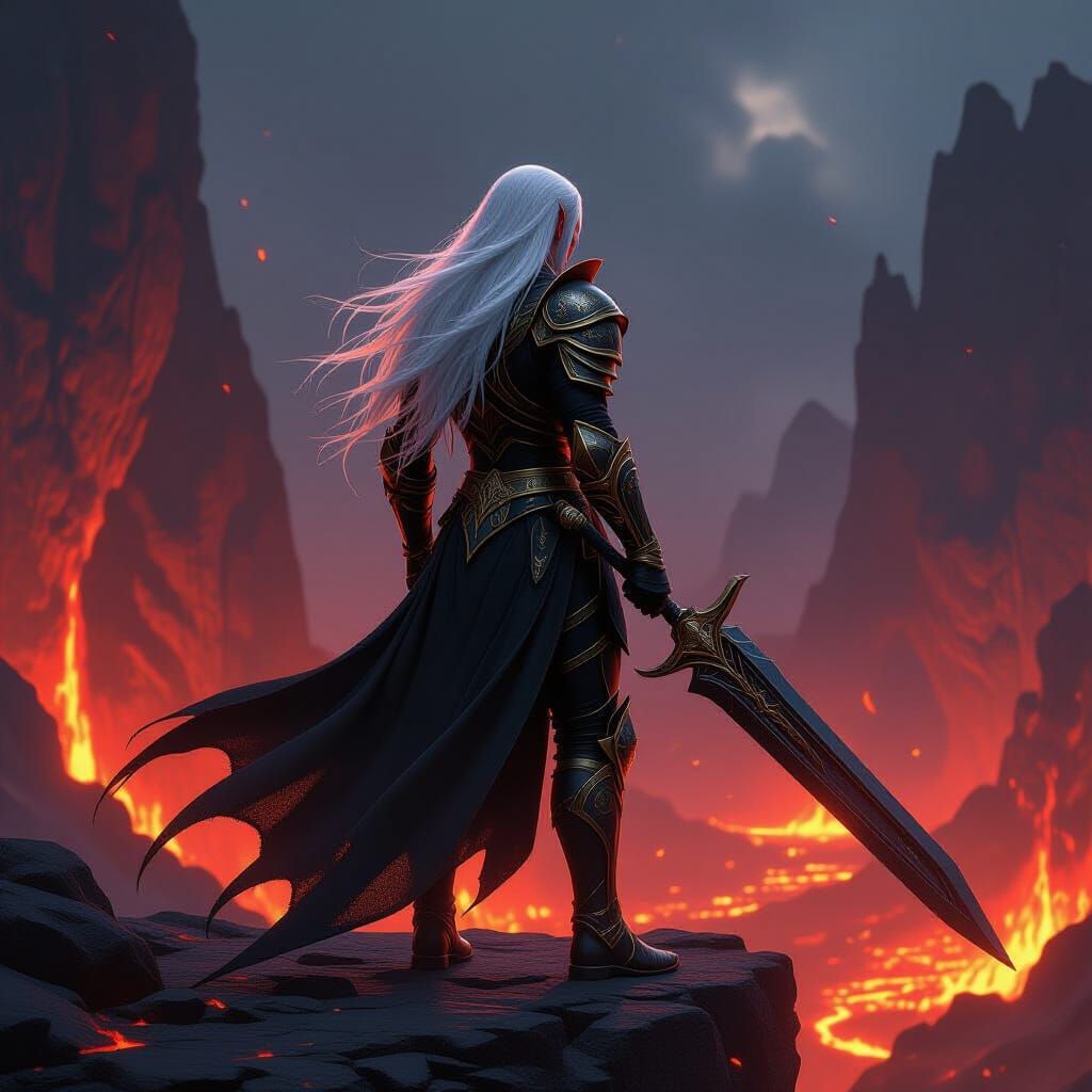 Dark Elf Warrior Overlooking Fiery Battlefield