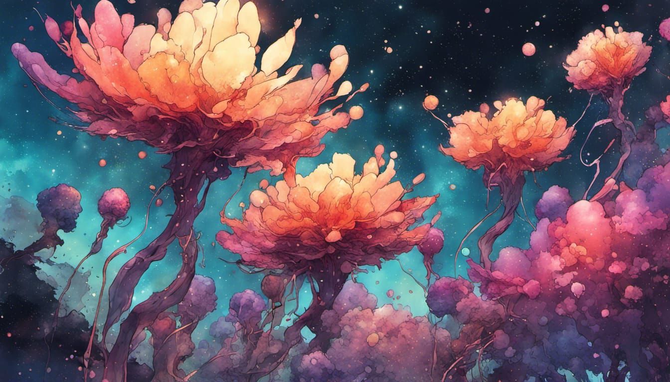 Cosmic Flowers Digital Illustration in Watercolor Style
