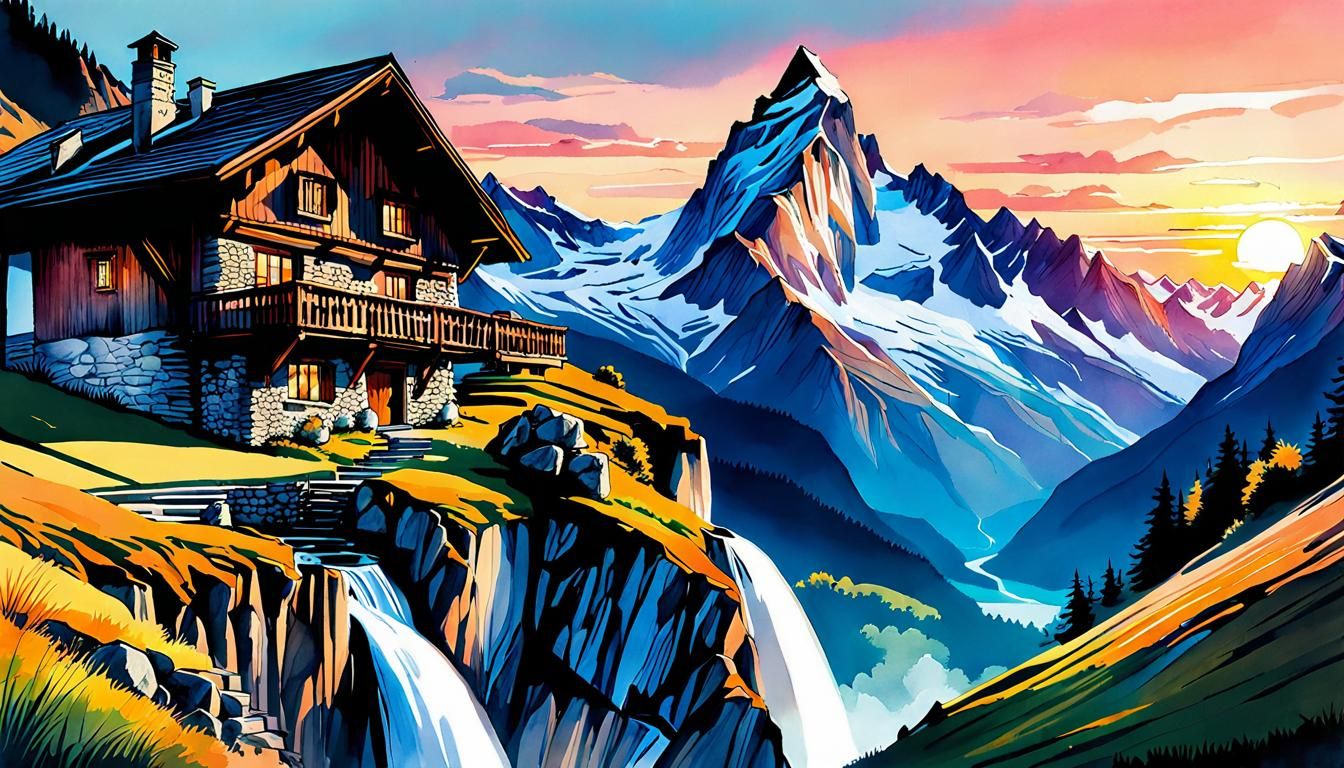 Swiss Alps Landscape: Digital Watercolor Illustration