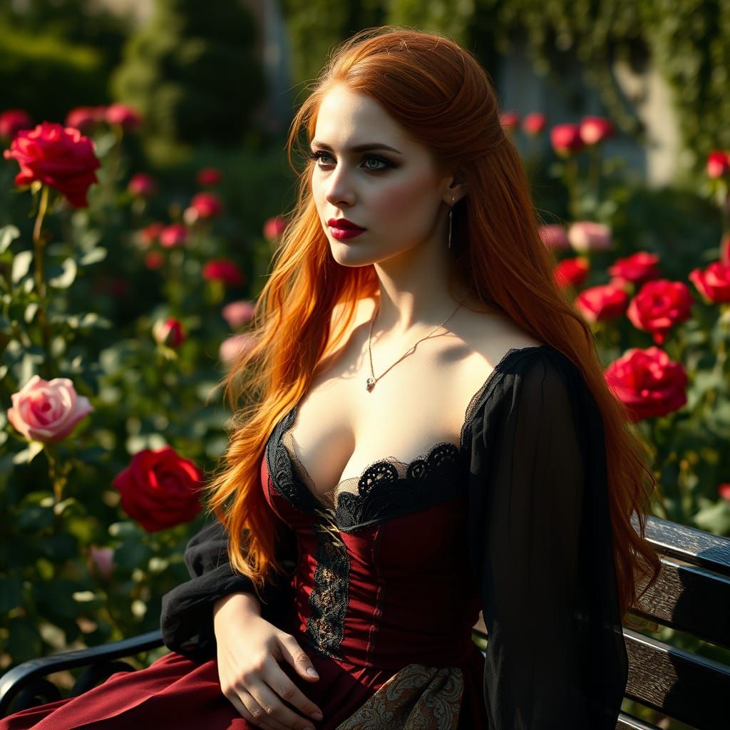 Goddess in Rose Garden: Cinematic Fantasy Film Still