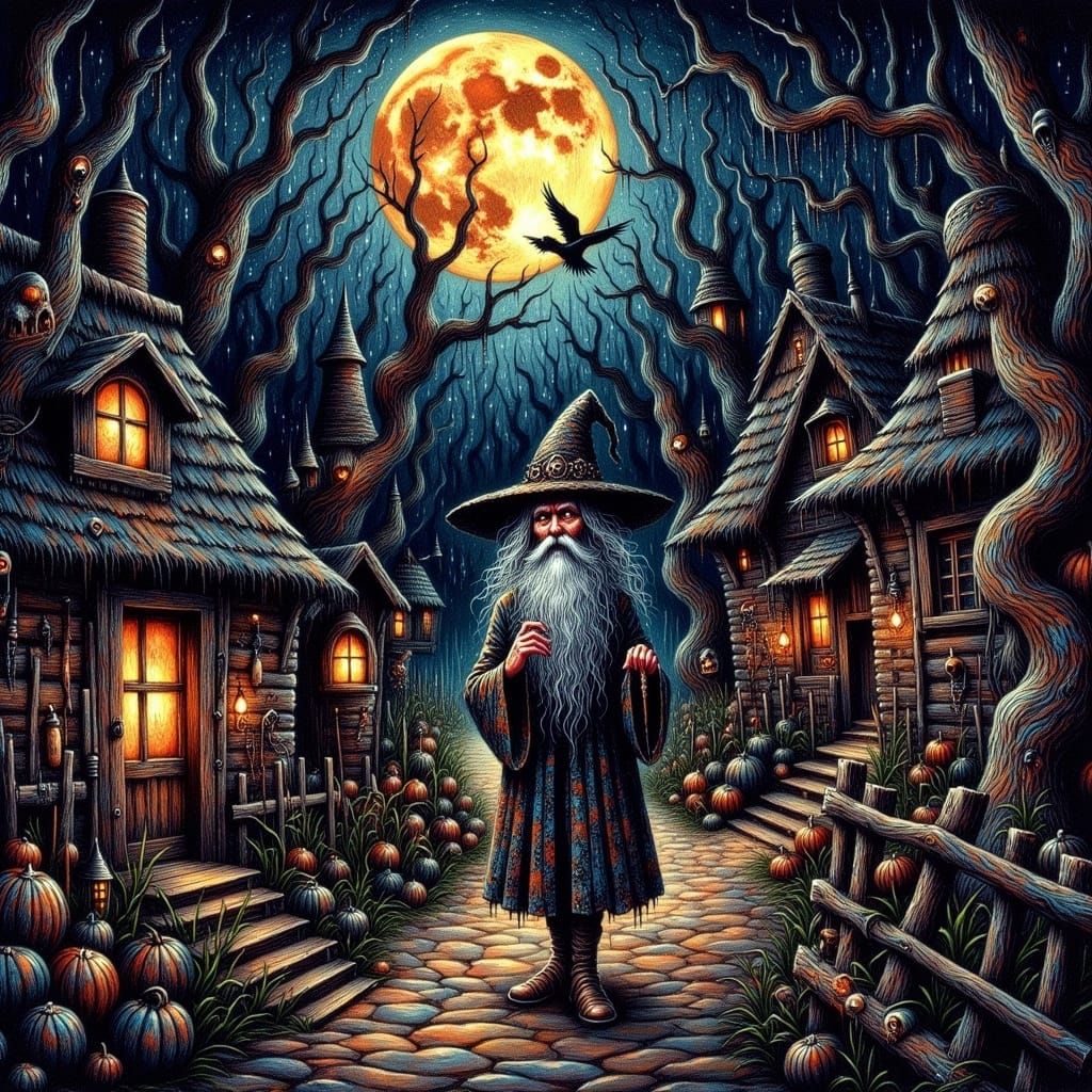 Wise Old Wizard in a Magical Halloween Forest