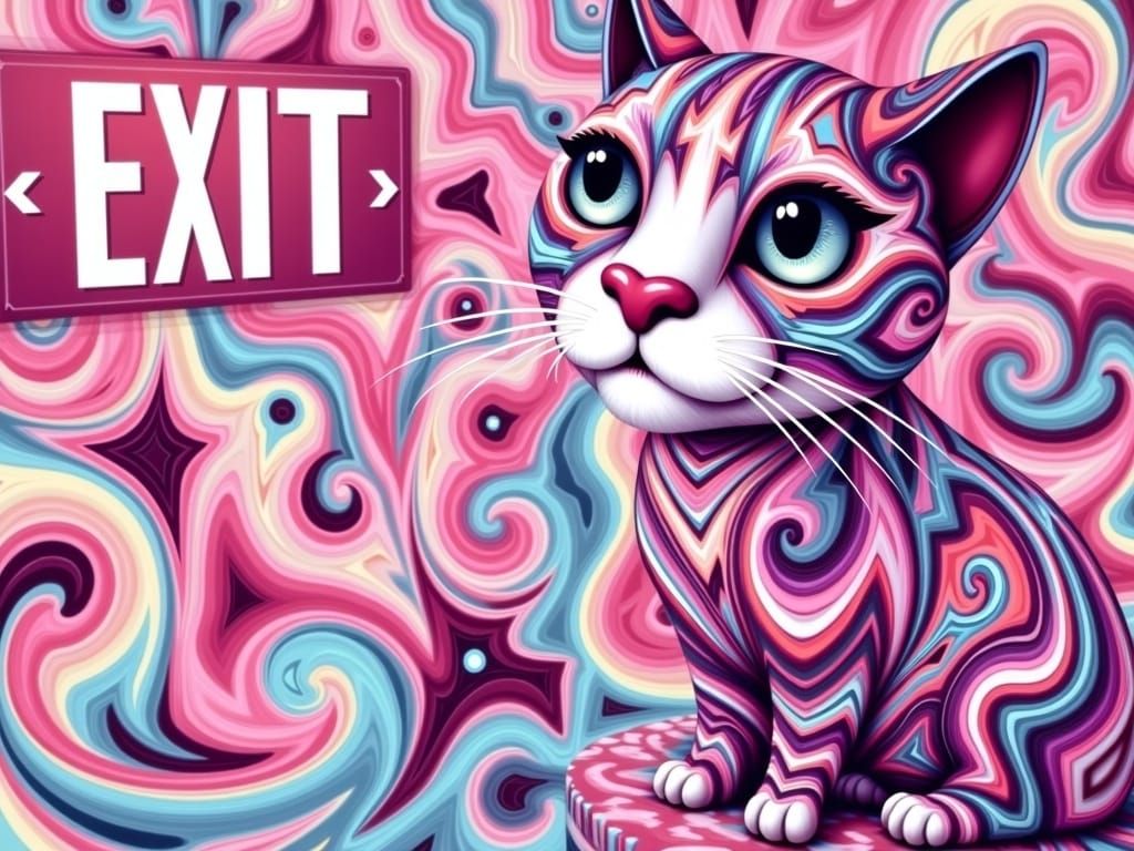 Psychedelic Cat at Exit Sign in Pop Art Style