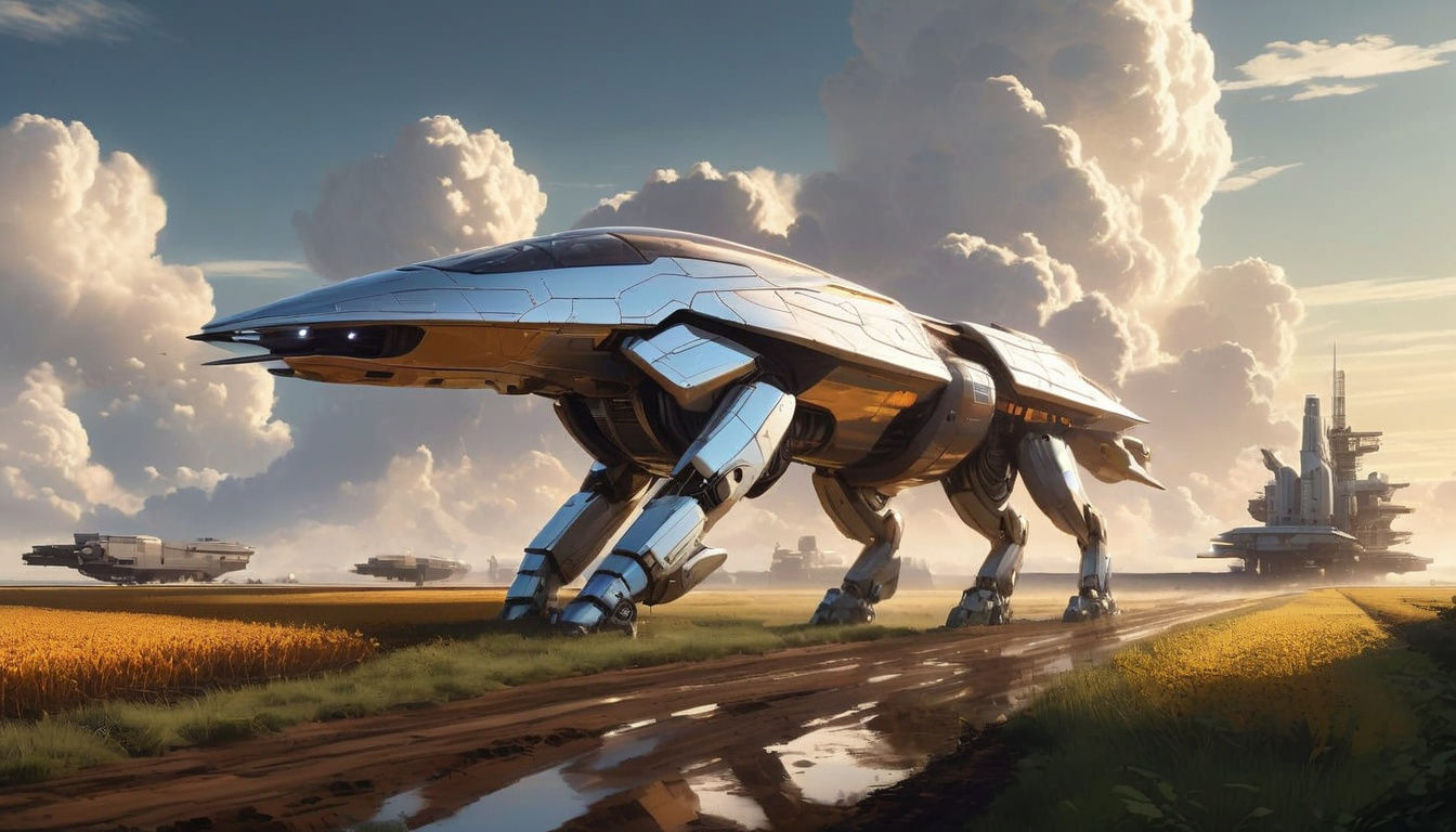 Female Robot in Rural Iowa Spaceport with Descending Freight...