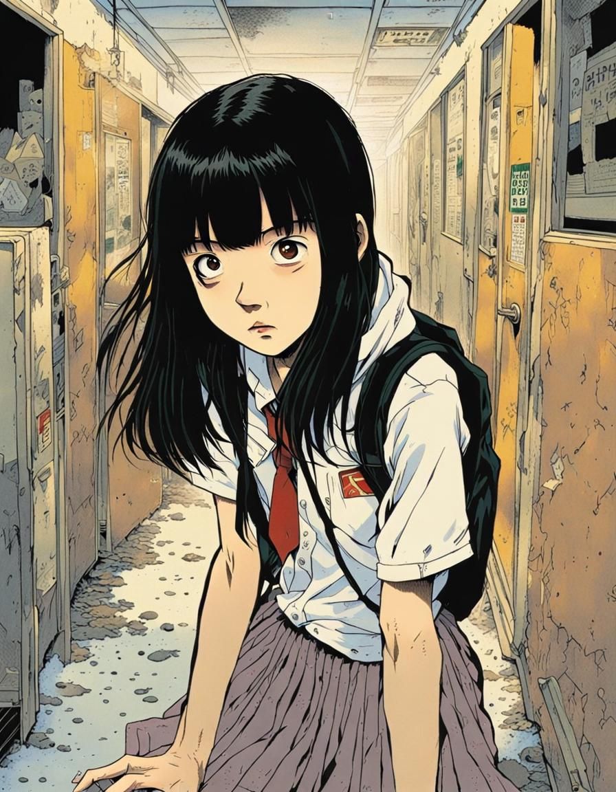 Terrified Student in Abandoned School, Horror Manga Style