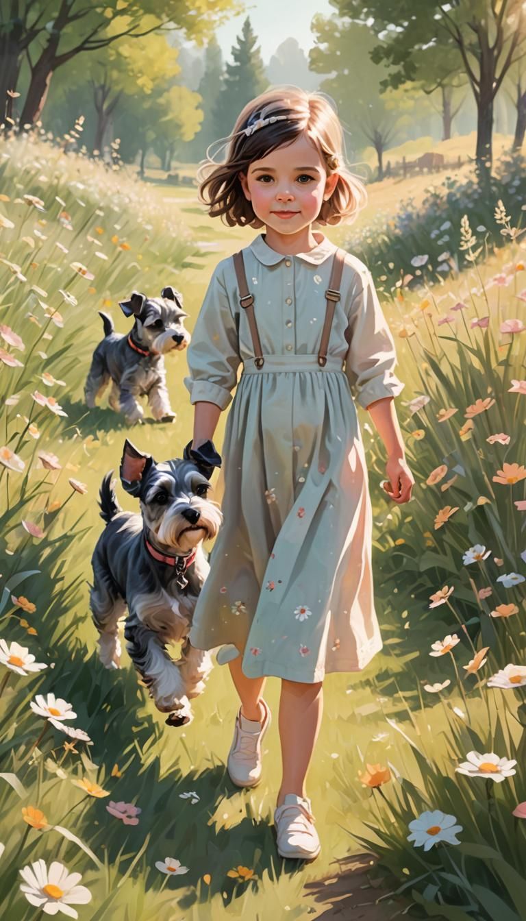 Baby Girl and Schnauzer in Sunny Meadow