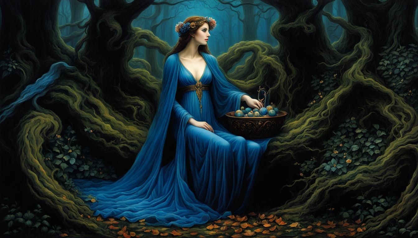 Enchanted Embrace: Hecate and Apollo in Blue Bower