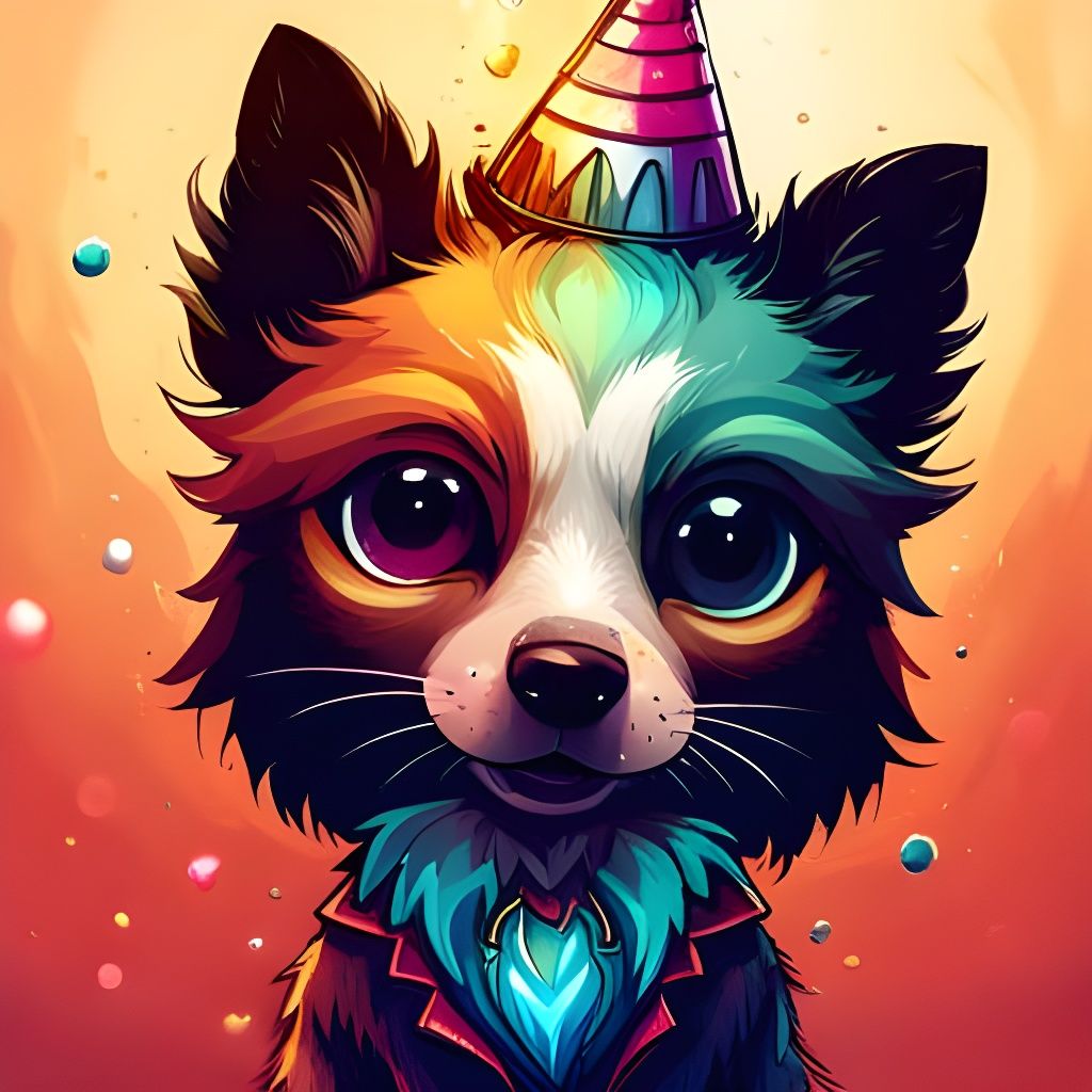 Chibi Anthro Dog in Party Hat, Polychromatic Art