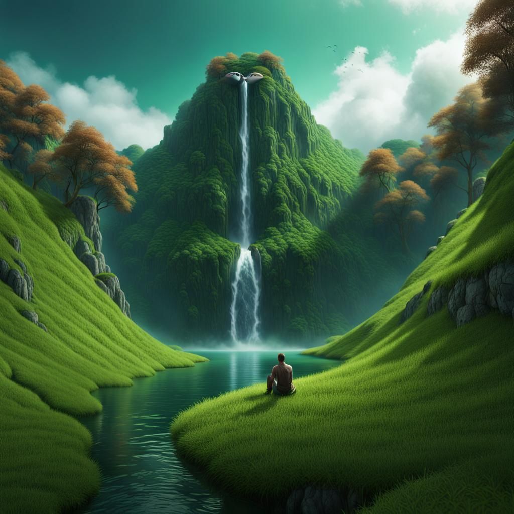 Fantastical Hillside Head with Waterfall: Detailed Matte Pai...