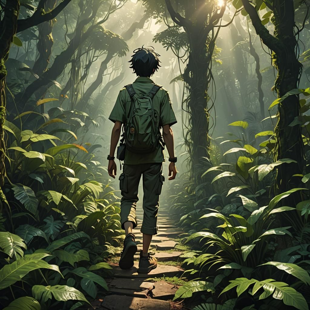Person Walking Through Jungle: 3D Anime Concept Art