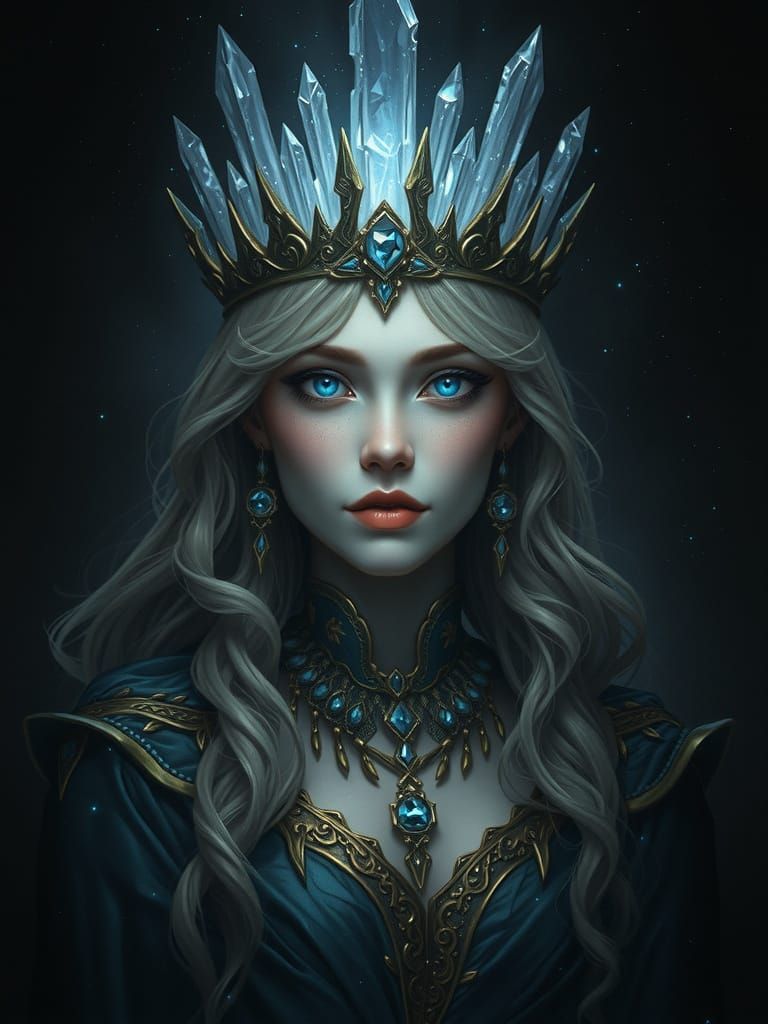 Crystal-Crowned Sorceress in Ethereal Cosmic Glow